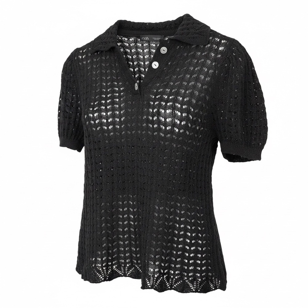 NWT Zara Black Pointelle Crochet Top Women's Size S Knit Short Sleeve Sweater